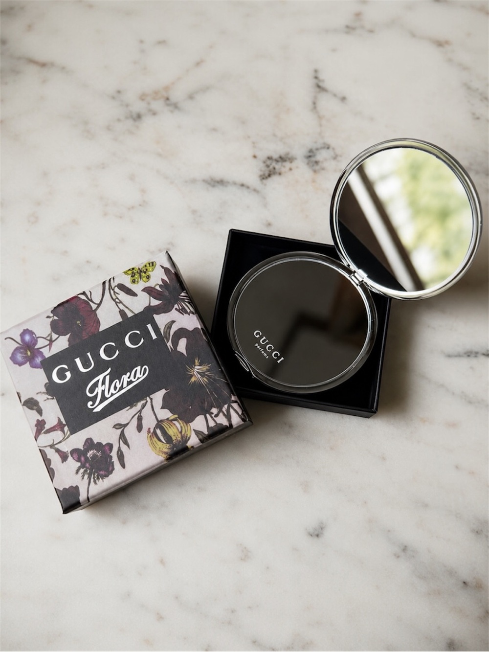 NEW Gucci Flora Compact Mirror Silver Travel Purse Mirror w/ Box